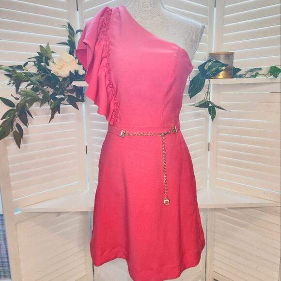 LALIBELA NEW VESTIDO CURTO BABADO EM FRESH PINK BELTED DRESS  P/S RETAIL $500 - Picture 1 of 9